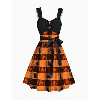 

Halloween Belt Dress Pumpkin and Cat Print Sleeveless Mock Button Mini Dress, Dark orange