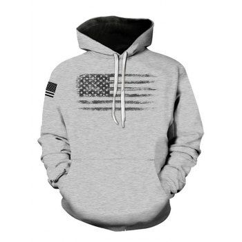 

American Flag Print Casual Hoodie Kangaroo Pocket Drawstring Hoodie, Gray