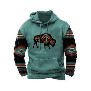 

Cow Print Hoodie Kangaroo Pocket Long Sleeve Drawstring Hoodie, Deep green