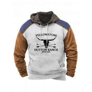 

Cow Head and Letter Print Hoodie Colorblock Patchwork Kangaroo Pocket Hoodie, White