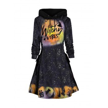 

Halloween Witch Print Hoodie Dress Lace Up Long Sleeve A Line Mini Dress, Black