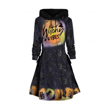 

Halloween Witch Print Hoodie Dress Lace Up Long Sleeve A Line Mini Dress, White