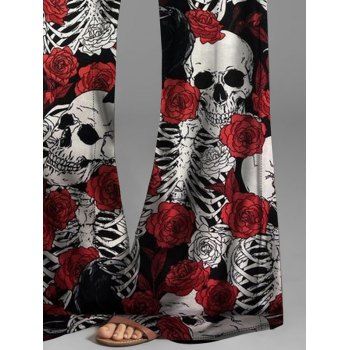 Halloween Wide Leg Pants Skeleton and Rose Print Middle Waist Pants
