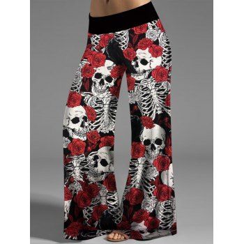 

Halloween Wide Leg Pants Skeleton and Rose Print Middle Waist Pants, Multicolor