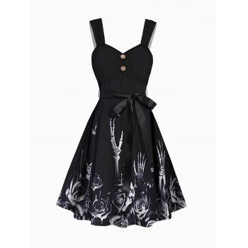 

Halloween Sleeveless Belt Dress Skeleton and Rose Print Ruched Mock Button Mini Dress, Black