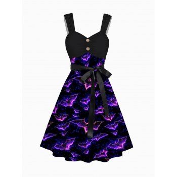 

Halloween Bat Print Belt Dress Sleeveless Mock Button Ruched Mini Dress, Purple