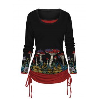 

Halloween Mushroom Print Colorblock Top Cinched Faux Twinset Top, Black