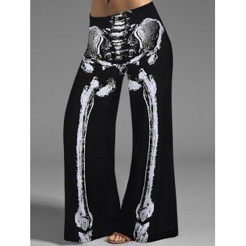 

Halloween Skeleton Print Wide Leg Pants Colorblock Middle Waist Loose Pants, Black