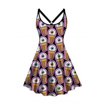 

Plus Size Halloween Dress Eye Cone Allover Print Sleeveless A Line Mini Dress, Multicolor a