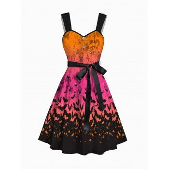 

Halloween Bat Print Belt Dress Sleeveless Ruched Mock Button Mini Dress, Dark orange