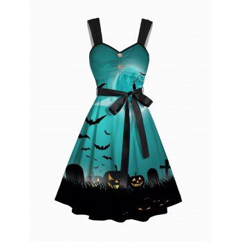 

Halloween Belt Dress Pumpkin and Bat Print Sleeveless Ruched Mini Dress, White