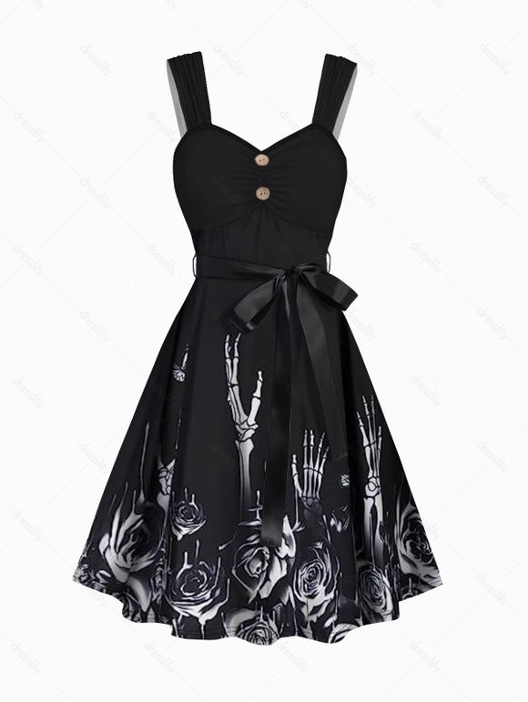 Halloween Sleeveless Belt Dress Skeleton and Rose Print Ruched Mock Button Mini Dress - BLACK XL
