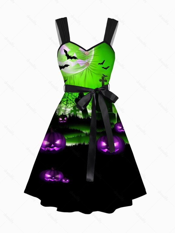 Mini Robe D'Halloween à Imprimé Citrouille Ceinturée sans Manches à Volants - Vert S