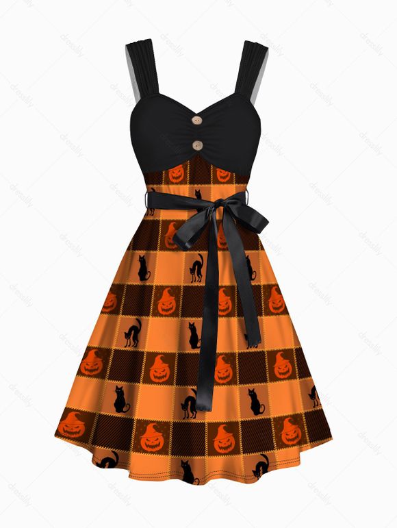 Robe D'Halloween Ceinturée à Imprimé Citrouille et Chat sans Manches avec Faux Bouton - Orange Foncé L