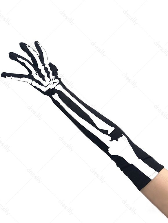 Gants D'Halloween Longue en Blocs de Couleurs à Imprimé Squelette - Noir 1 PAIR