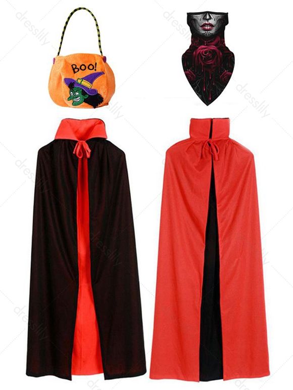 Halloween Cosplay Cloak of Grim Reaper and Bucket Candy Bag Hanging Ear Mask Set - multicolor A 