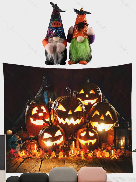Halloween Pumpkin Lantern Print Tapestry and Faceless Ornament Dolls Set - multicolor B 