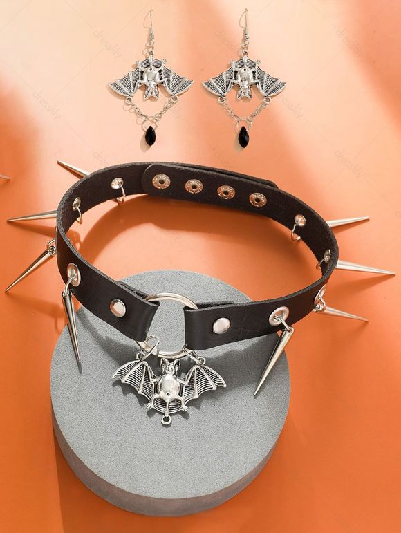 Halloween Spider Shape Pendant Drop Earrings and Grunge Punk Choker Necklace Set - SILVER 