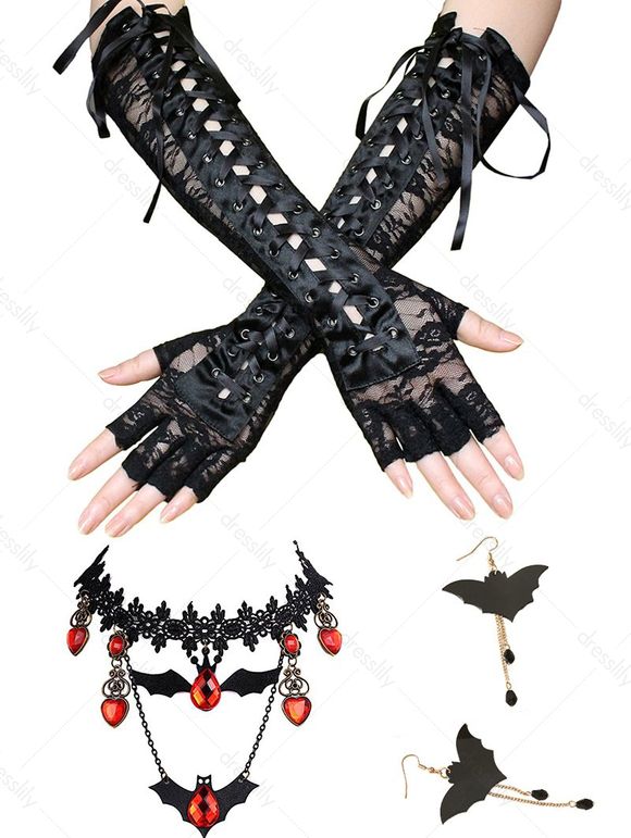Halloween Bat Shape Pendant Earrings and Fingerless Gloves Lace Choker Necklace Set - Noir 