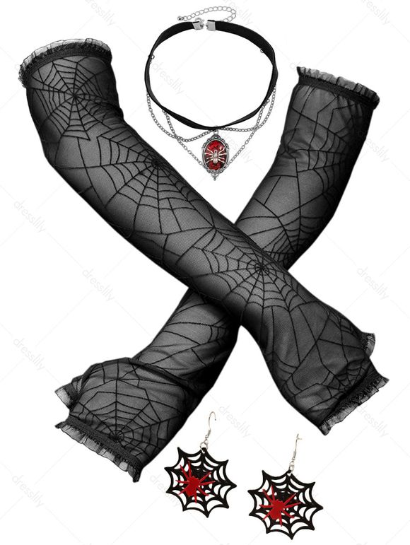 Halloween Gothic Spider Choker Necklace and Drop Earrings Fingerless Gloves Set - Noir 