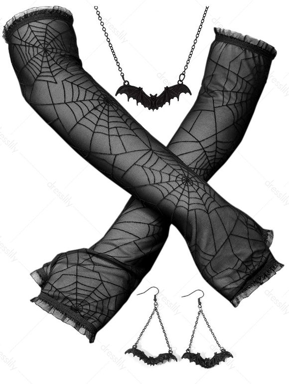 Halloween Bat Chain Necklace and Gothic Drop Earrings Mesh Fingerless Gloves Set - Noir 