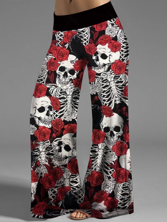 Pantalon à Imprimé Squelette et Rose à Jambes Larges à Taille Élastique - multicolor M | US 6