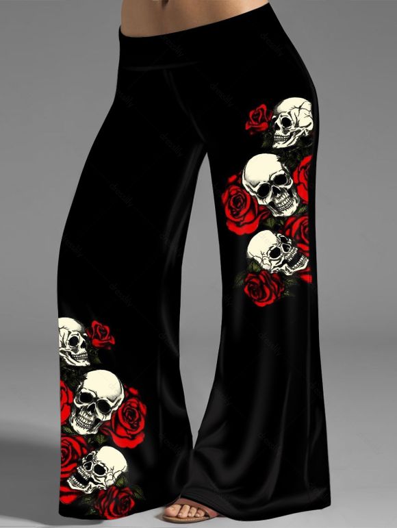 Plus Size Halloween Wide Leg Pants Skull and Rose Print Middle Waist Pants - BLACK 5X