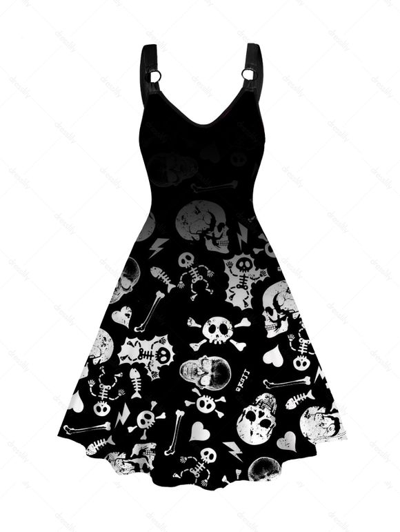 Plus Size Halloween Dress Skull Print Colorblock Sleeveless O Ring A Line Midi Dress - BLACK 1X