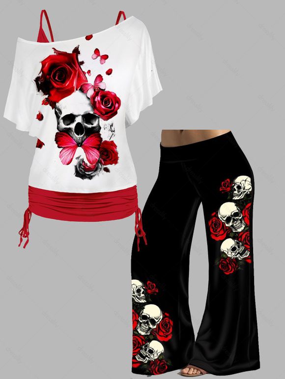 Plus Size Halloween Skull and Rose Print Colorblock Skew Neck Cinched Tops and Wide Leg Pants Outfit - RED L