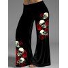 Plus Size Halloween Wide Leg Pants Skull and Rose Print Middle Waist Pants - BLACK 5X