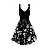 Plus Size Halloween Dress Skull Print Colorblock Sleeveless O Ring A Line Midi Dress - BLACK 1X