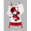 Plus Size Halloween Skull and Rose Print Colorblock Skew Neck Cinched Tops and Wide Leg Pants Outfit - RED L