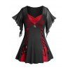 Plus Size Halloween Colorblock Lace Up Gothic Top and Ombre Wide Leg Pants Outfit - RED 