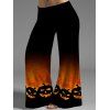 Plus Size Halloween Skew Neck Cinched Tops and Pumpkin Print Wide Leg Pants Outfit - multicolor A 