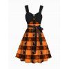 Robe D'Halloween Ceinturée à Imprimé Citrouille et Chat sans Manches avec Faux Bouton - Orange Foncé XL