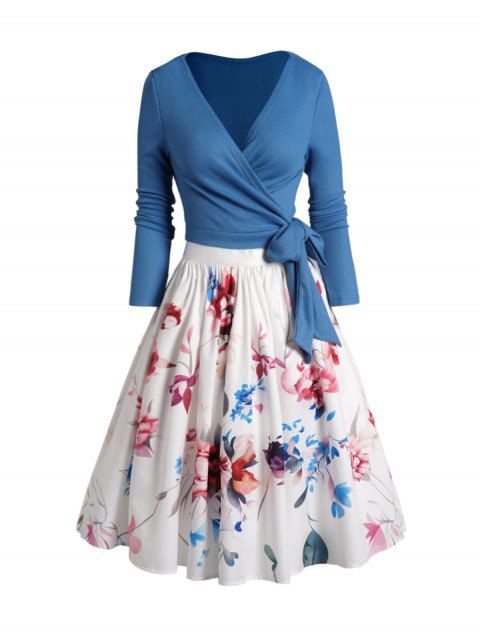 Plain Color Textured Knit Crossover Wrap Top And Flower Print Midi A Line Skirt Outfit