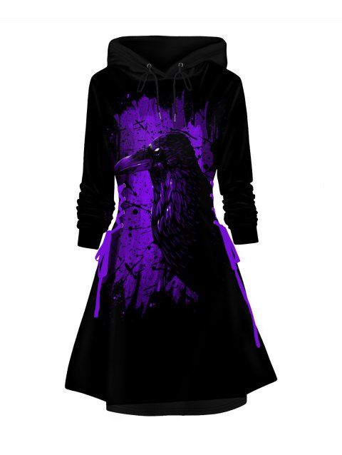 Halloween Colorblock Hoodie Dress Crow Print Lace Up A Line Mini Dress