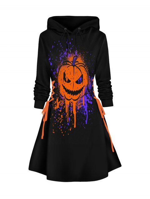 Halloween Hoodie Dress Pumpkin and Splash Ink Print Lace Up Mini Dress