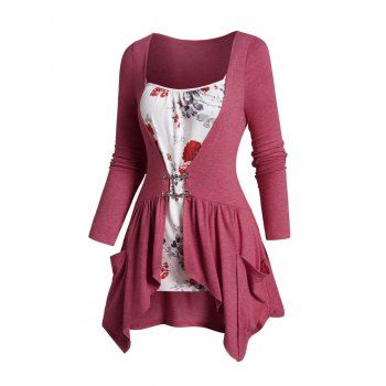 

Flower Print Asymmetric Faux Twinset T-shirt Long Sleeve Pocket Patches 2 In 1 Tee, Red