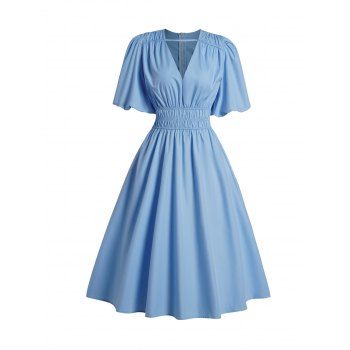 

Puff Sleeve Smocked Waist Dress Plain Color Zip Back A Line Casual Midi Dress, Light blue