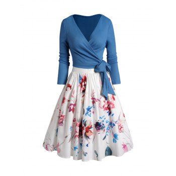 

Plain Color Textured Knit Crossover Wrap Top And Flower Print Midi A Line Skirt Outfit, Blue