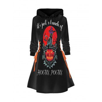

Halloween Hoodie Dress Cat and Letter Graphic Print Lace Up A Line Mini Dress, Black