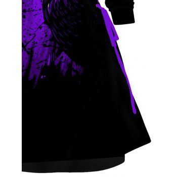 Halloween Colorblock Hoodie Dress Crow Print Lace Up A Line Mini Dress