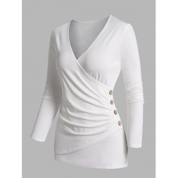

Pure Color Plunging Neck Ruched Long Sleeve T-shirt Mock Button Casual Tee, White
