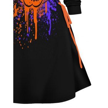 Halloween Hoodie Dress Pumpkin and Splash Ink Print Lace Up Mini Dress