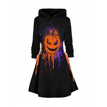 

Halloween Hoodie Dress Pumpkin and Splash Ink Print Lace Up Mini Dress, Black