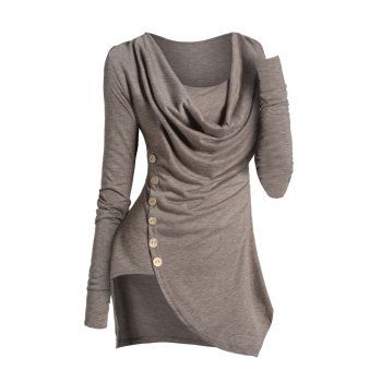 

Asymmetric Hem Cowl Neck Heathered T-shirt Mock Button Long Sleeve Casual Tee, Light coffee