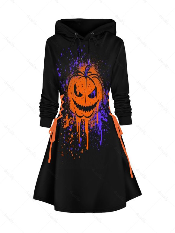 Mini Robe D'Halloween à Imprimé Citrouille et Encre à Lacets - Noir S | US 4