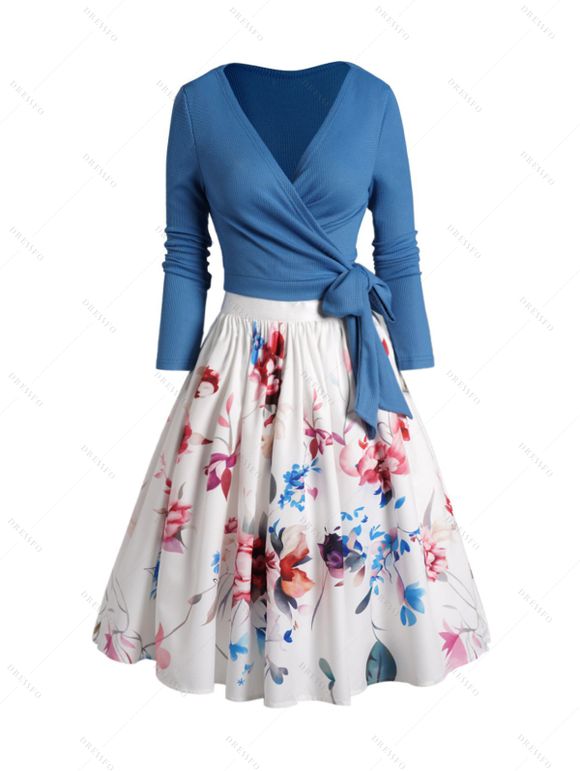 Plain Color Textured Knit Crossover Wrap Top And Flower Print Midi A Line Skirt Outfit - BLUE XXL