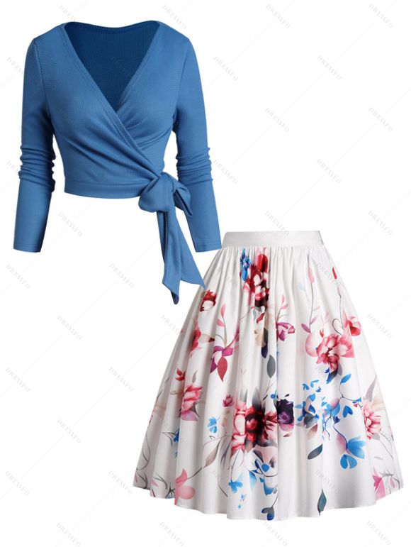 Ensemble de Top Enveloppé en Couleur Unie en Tricot Croisé et Jupe Mi-Longue à Imprimé Fleur - Bleu XXL